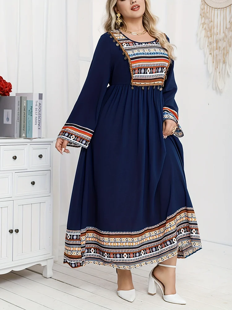 Plus Size Women's Printed Directional Middle Eastern Ethnic Style Dress