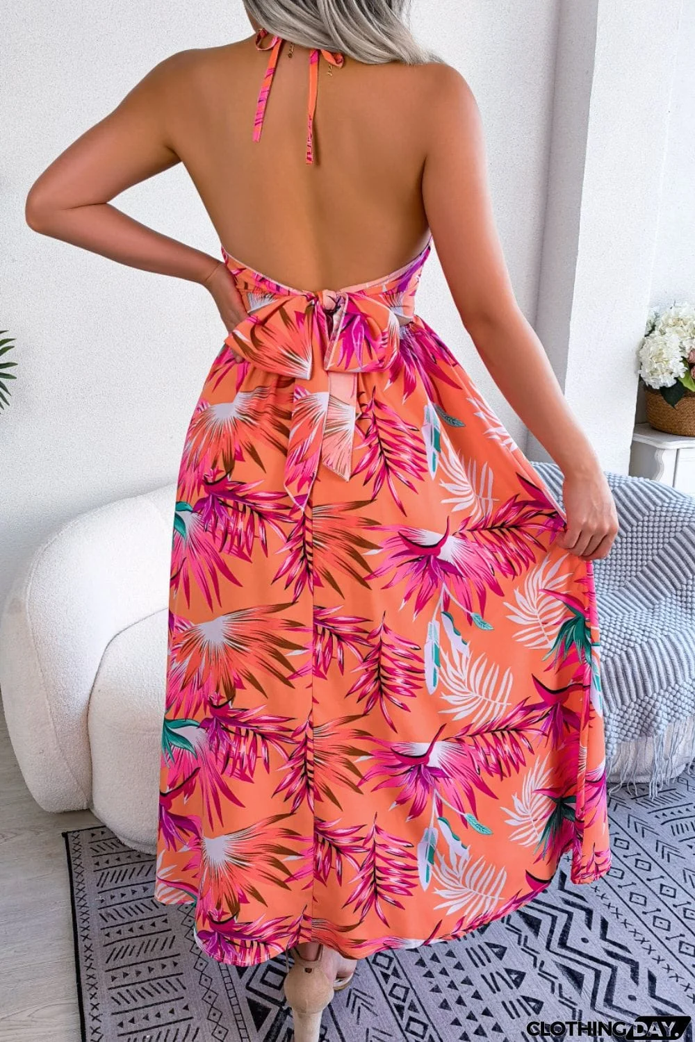 Botanical Print Tied Backless Cutout Slit Dress