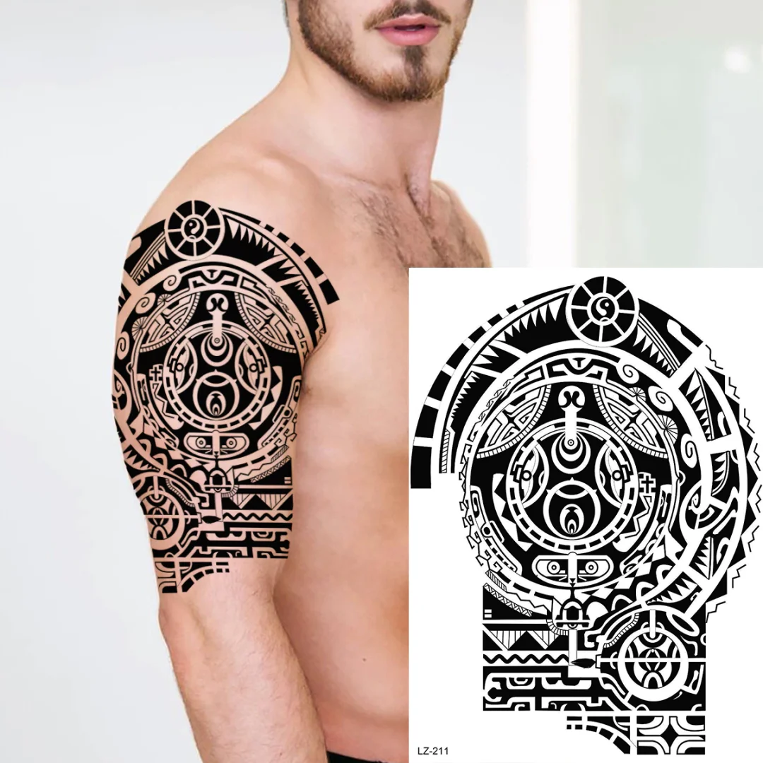 Sdrawing Black Skull Rose Flower Back Temporary Tattoos For Women Men Halloween Compass Round Fake Tattoo Sticker Skeleton