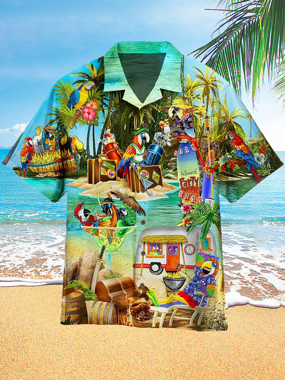 Men's Hawaiian Parrot Party Print Resort Short Sleeve Shirt PLUSCLOTHESMAN