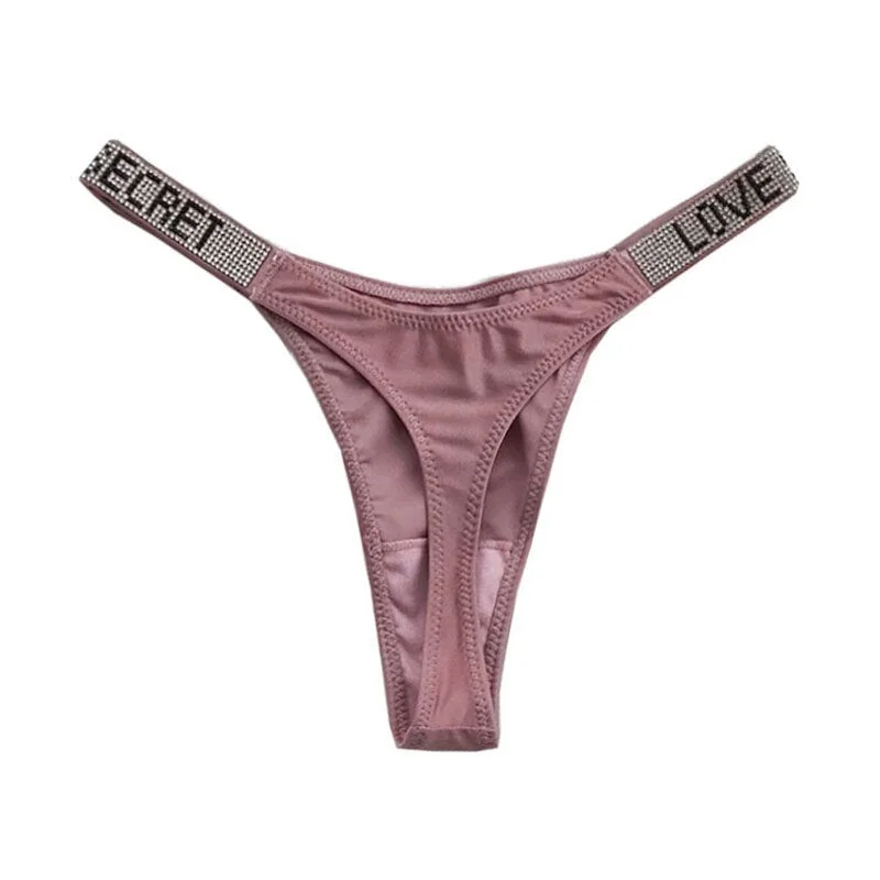 Meet'r Letter LOVE Rhinestone Sexy Underwear Luxury Satin G String Panties Women Low Waist Thong Seamless Female Lingerie