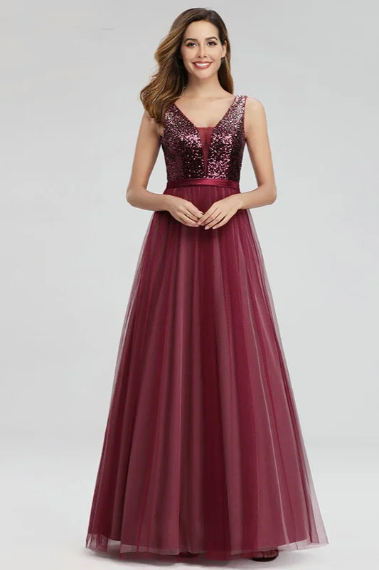 Glamorous Sequins Sleeveless Prom Dress Long Tulle Evening Gowns - lulusllly