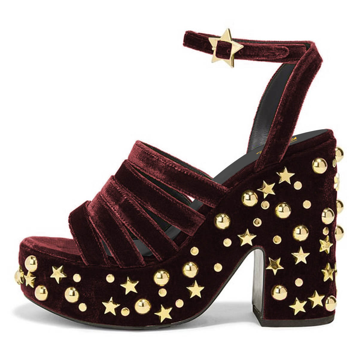 Maroon Ankle Strap Platform Chunky High Heel Studded Women Sandals Nicepairs