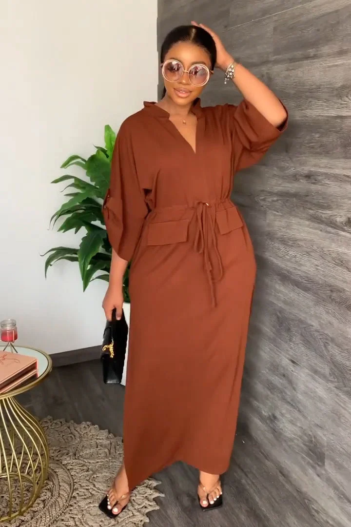 V Neck Mid Sleeve Slit Casual Maxi Dresses
