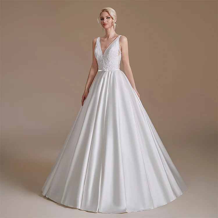 Women's Satin Wedding Dress Sexy V Neck Dubai Lace Elegant Bridal Gown