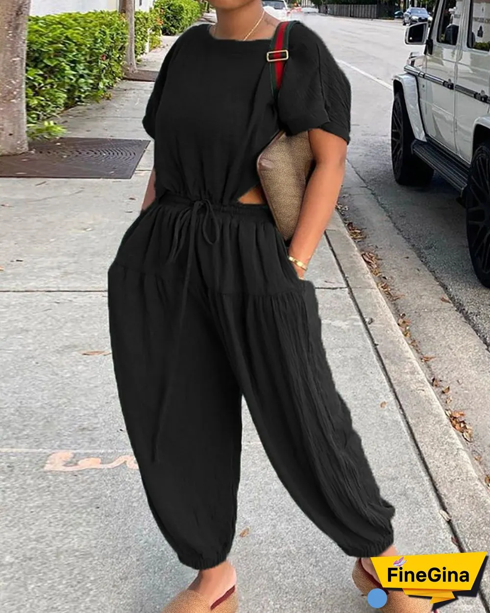 Short Sleeve Top & Pocket Design Drawstring Pants Set