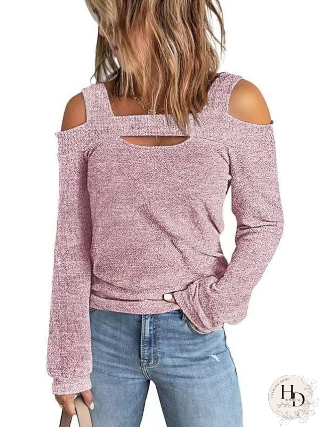 Blouse Hollow Out Plain Basic Off Shoulder Standard Spring & Fall Black Pink Red khaki Grey for Women