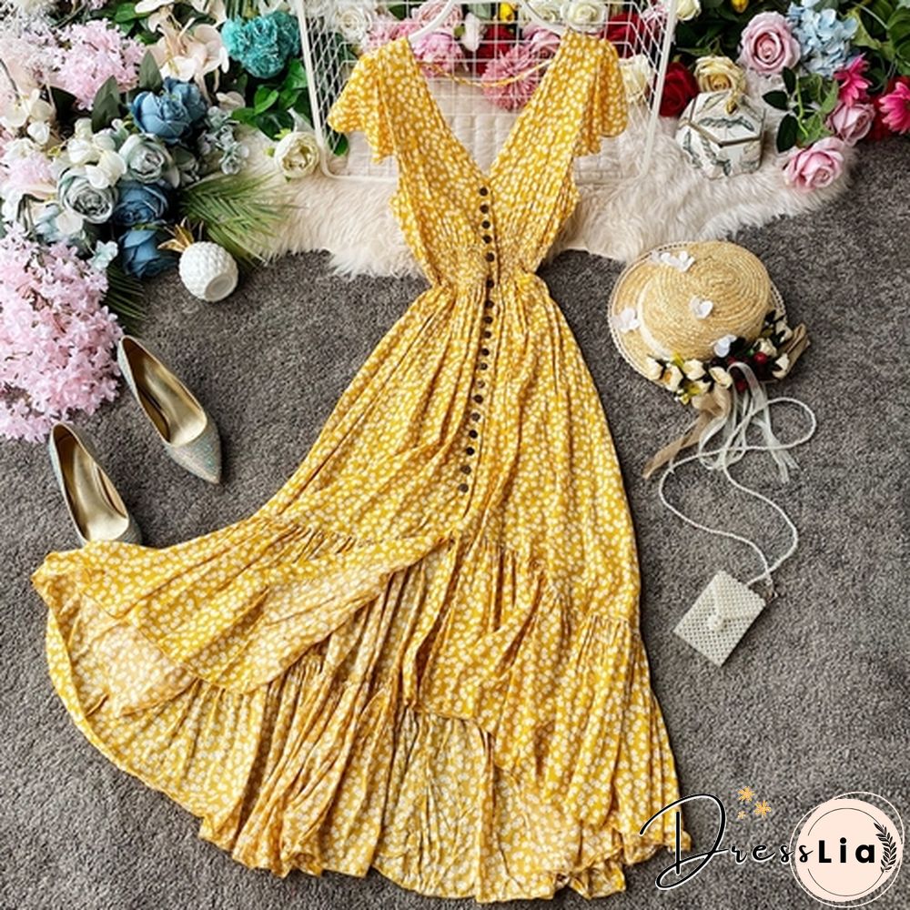 Summer Floral Maxi Dress Women Bohemian Irregular Cotton Backless Ruffle Long Dress Vintage Long Pleated Print Beach Sundress