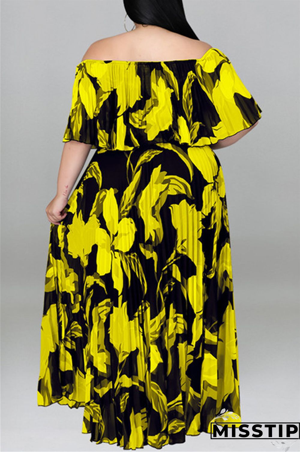 Black Fashion Casual Plus Size Print Patchwork Backless Off the Shoulder Long Dress