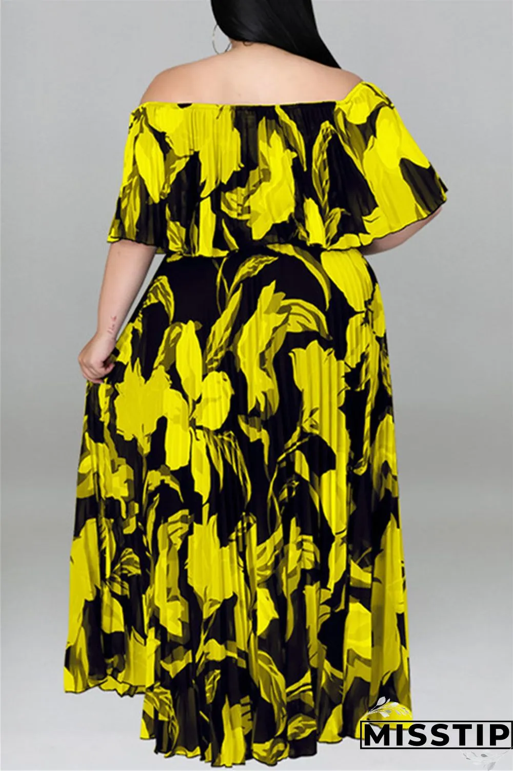 Black Fashion Casual Plus Size Print Patchwork Backless Off the Shoulder Long Dress
