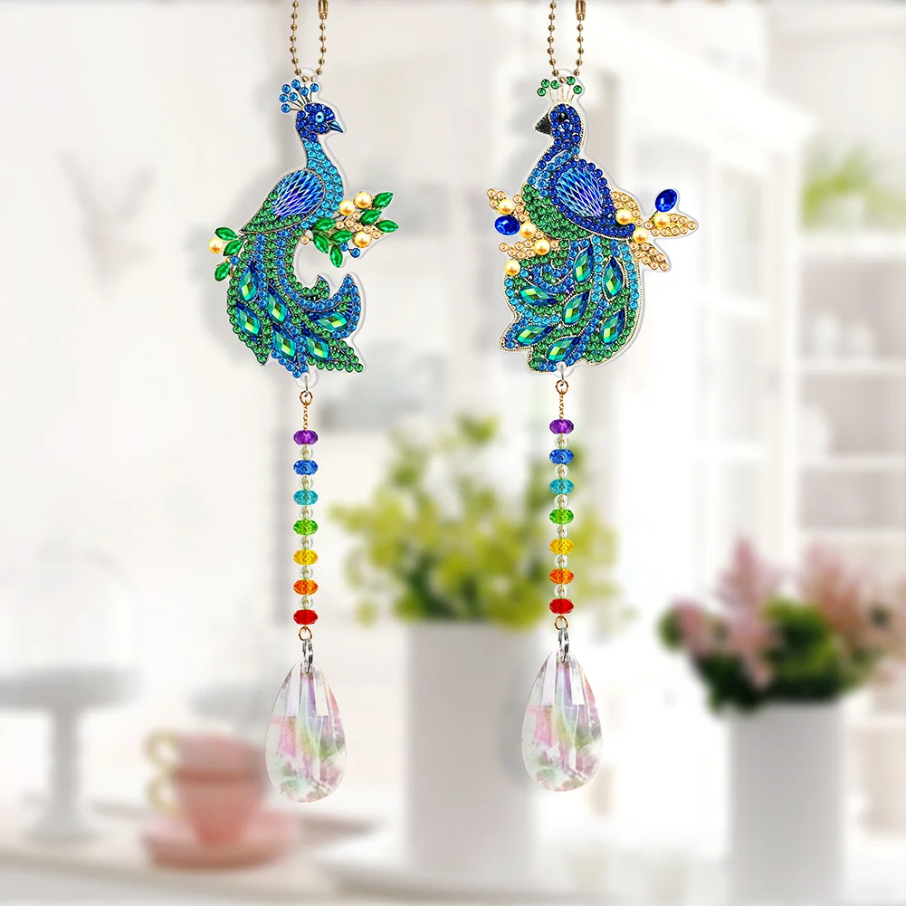 2pcs DIY Diamond Painting Sun Catcher Pendant - Peacock