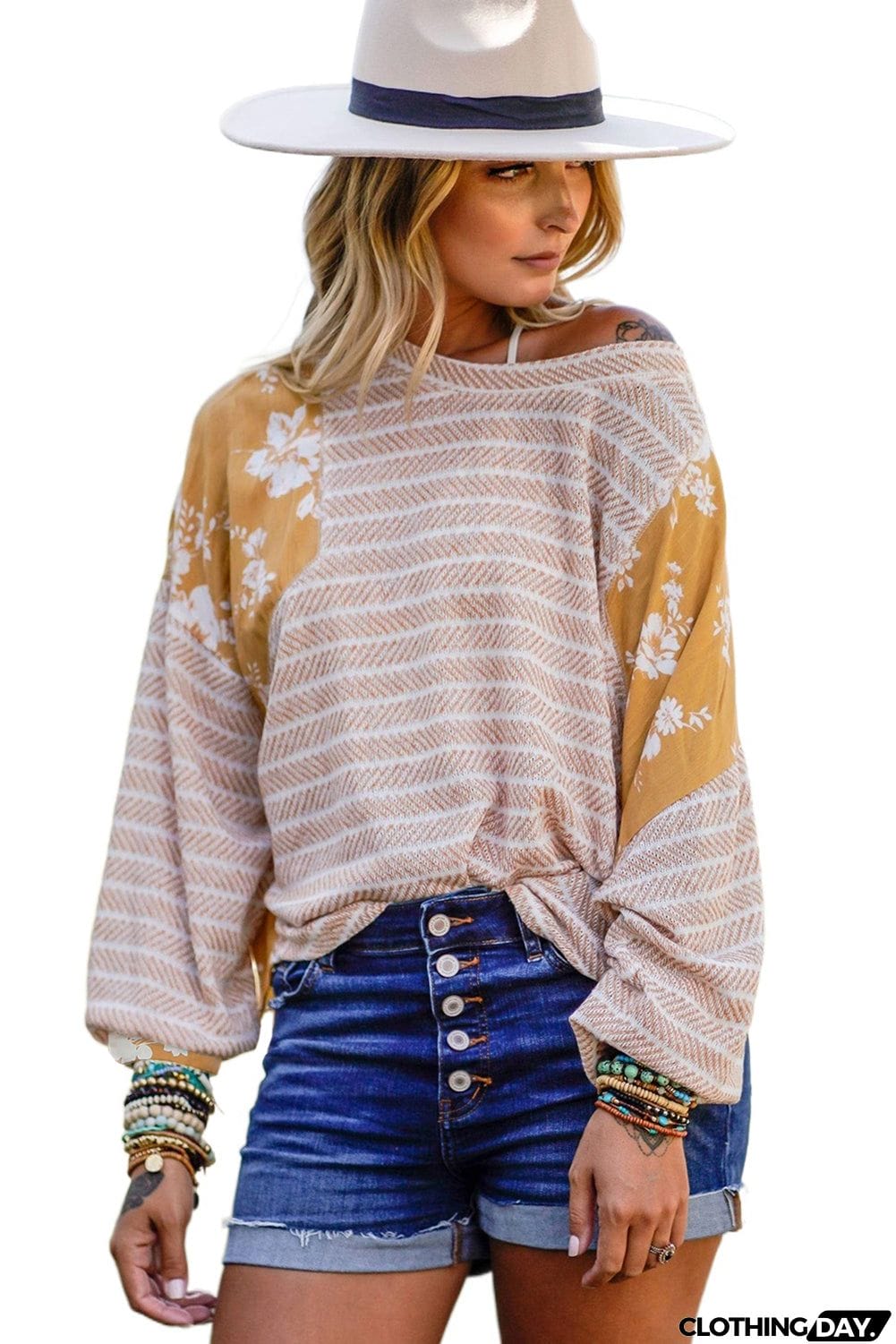 Striped Floral Splicing Lantern Sleeve Top