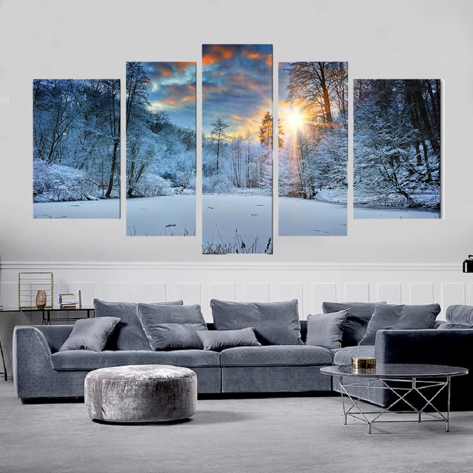 5 Piece Mountain Canvas Painting Wall Art Snowfield Winter Snow Forest Tree Sunrise Sunset Landscape Poster Living Room Decor
