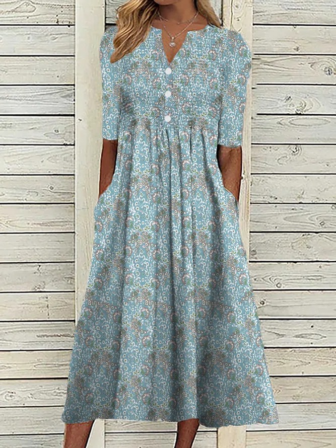 Women's Casual Floral Dress Short Sleeve Blue Dress Pocket V Neck Mid