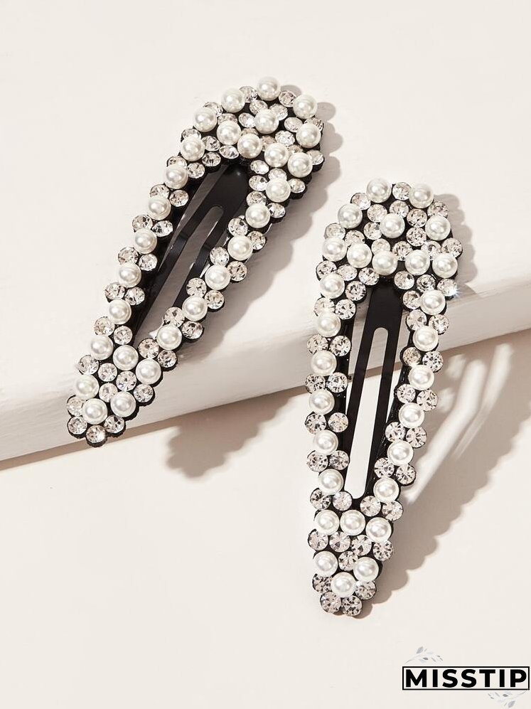 2pcs Rhinestone Decor Faux Pearl Hair Clip