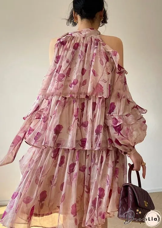 French Pink Print Ruffled Lantern Sleeve Cold Shoulder Dress