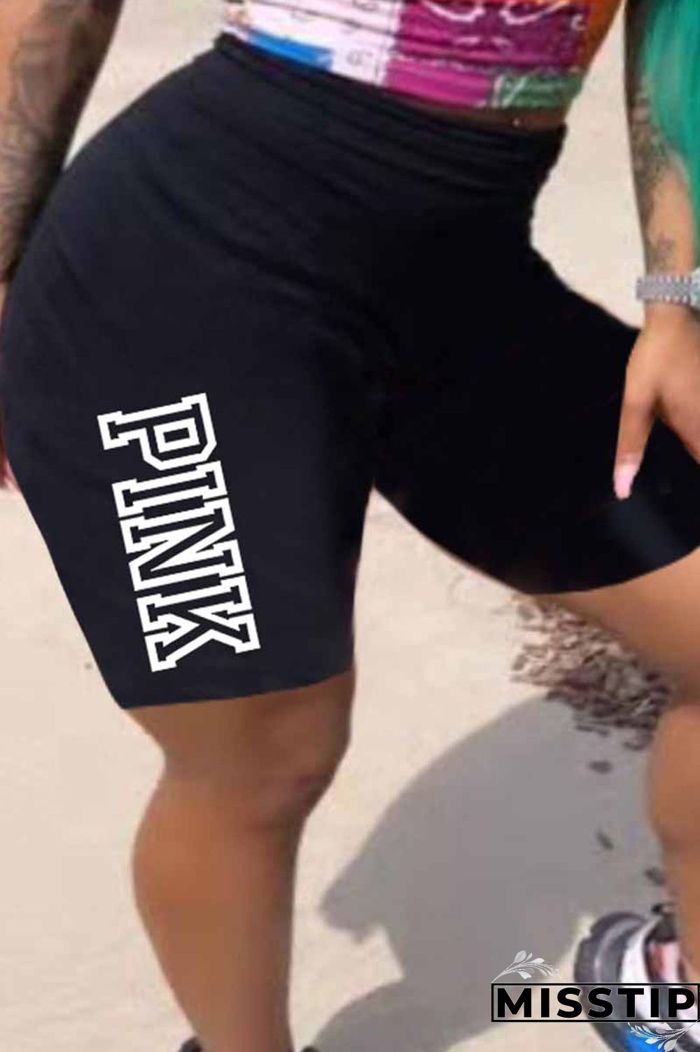 Black Casual Print Letter Mid Waist Pencil Bottoms