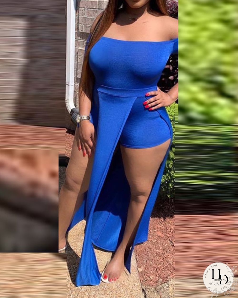 Solid Color Off Shoulder Split Romper