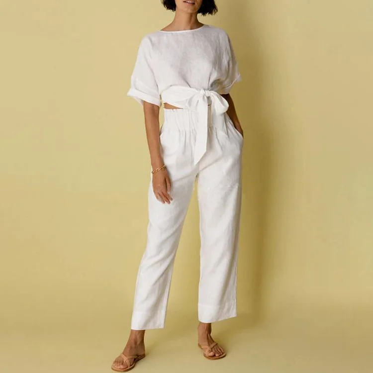 Solid Color Cotton And Linen Two Piece Set
