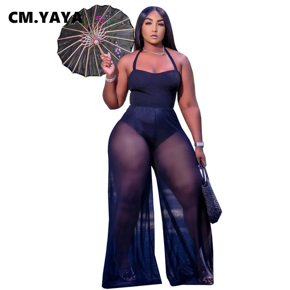 CM.YAYA Women Mesh See Though Straight Jumpsuit Sexy Halter Neck Sleeveless Romper Overall Romper Outfit 5 Color