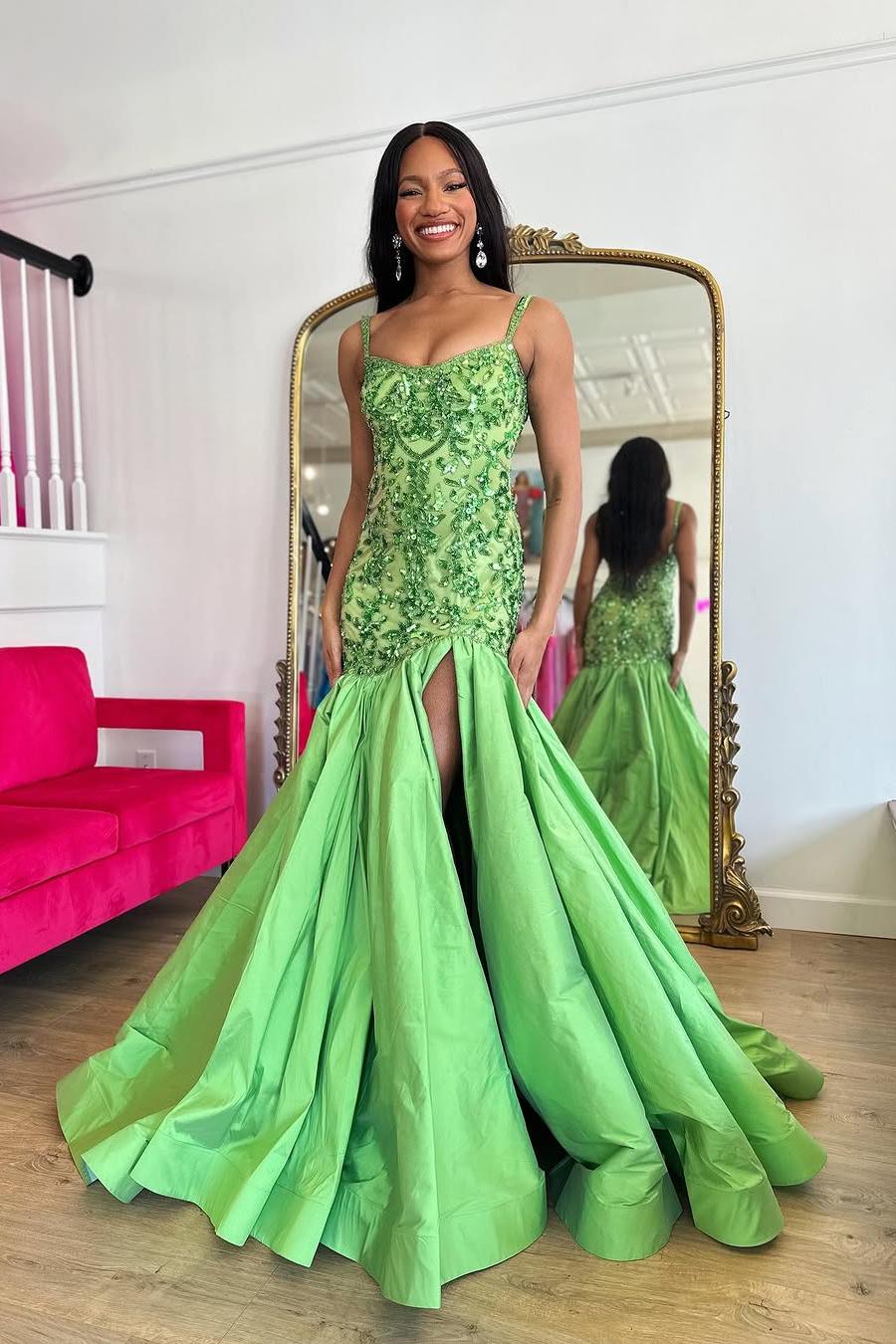 Lussooy Green Satin Glamorous Sleeveless Long Beaded Prom Dress with Split 