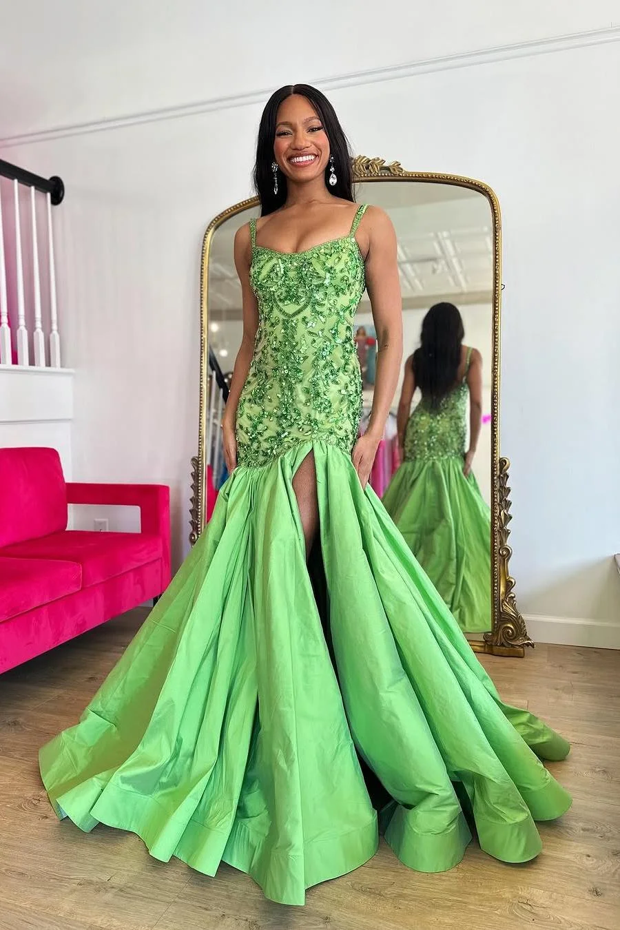 Miabel Glamorous Green Sleeveless Spaghetti Strap Long Beaded Prom Dress with Split 