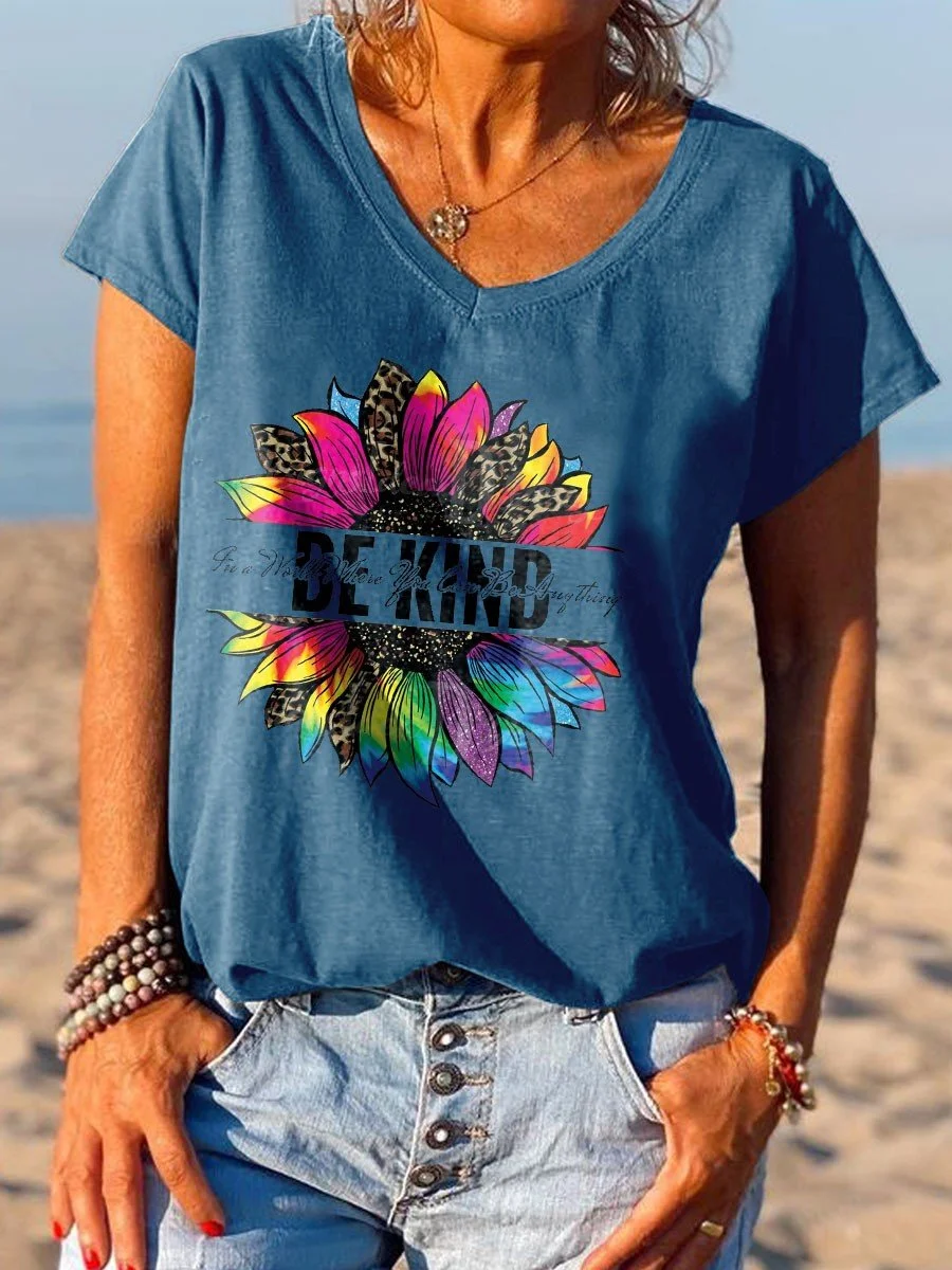 Women's Be Kind Colorful Sunflower Printed Casual Loose V-Neck Short Sleeve T-shirt Top