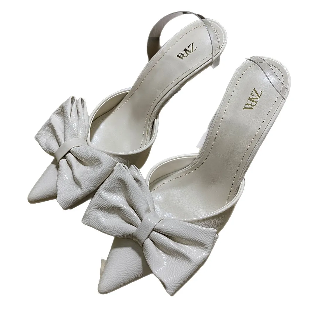 Breakj Breakj Home 2025 New White Bow French-Style Dew Behind Triptling Pointed High Heels Fashion Bag Head Sandals Women