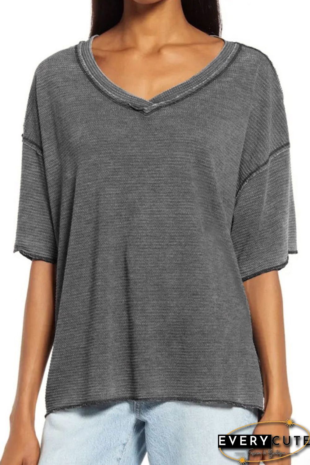 Gray Waffle Knit Seamed Half Sleeve V Neck Top