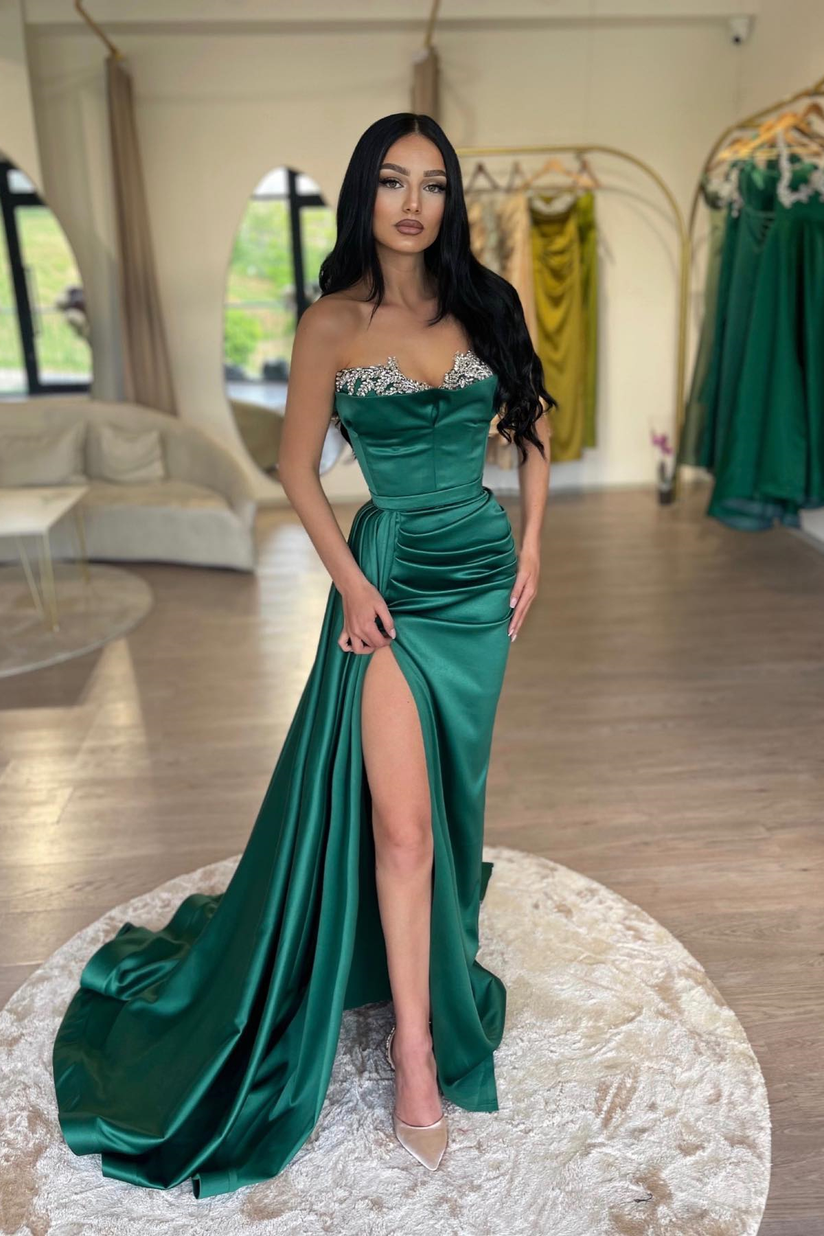 Dresseswow Dark Green Sweetheart Mermaid Prom Dress Pleats Beadings With Split