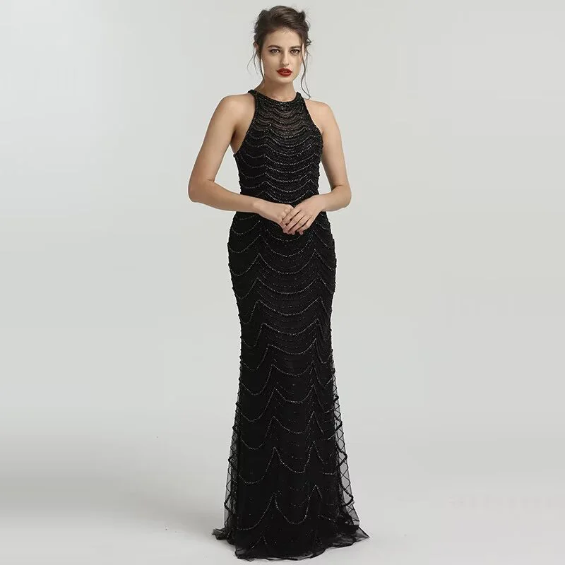 Okdais Black Sequin Tulle Prom Dress Mermaid Long Sleeveless LM0027
