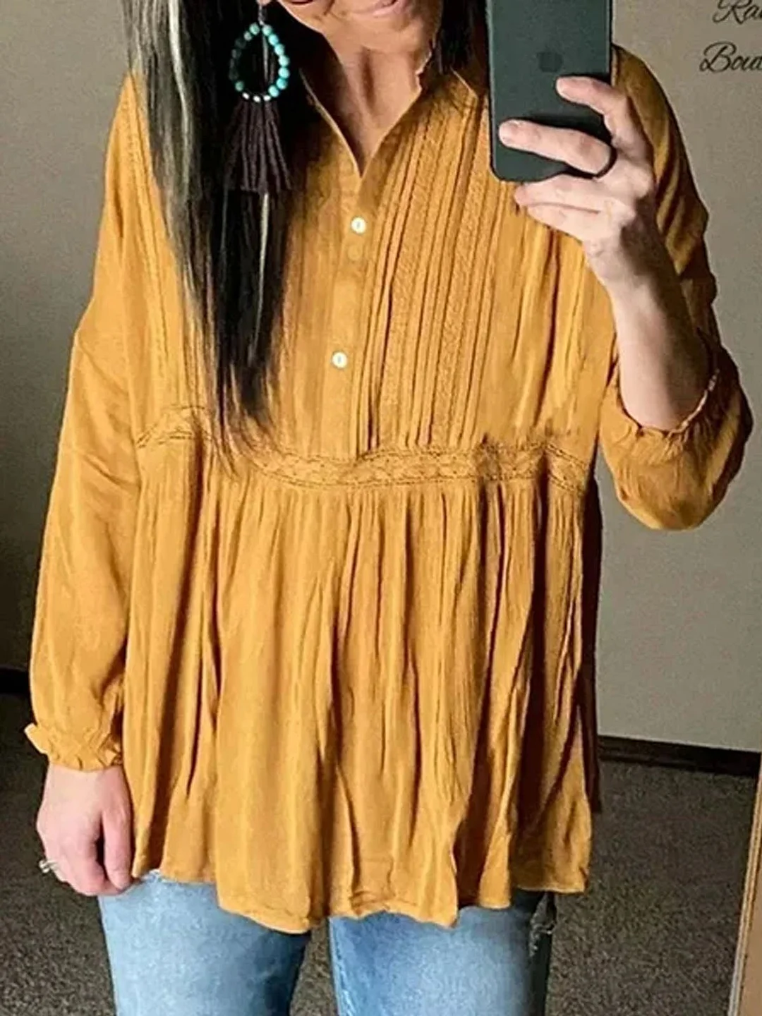 Shift Shirt Collar Plain Casual Blouse