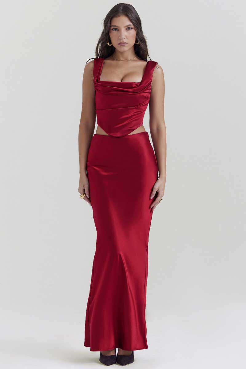 Square Neck Lace Up Sleeveless Top Bodycon Satin Maxi Skirt Formal Party Matching Set-Red [Pre Order]