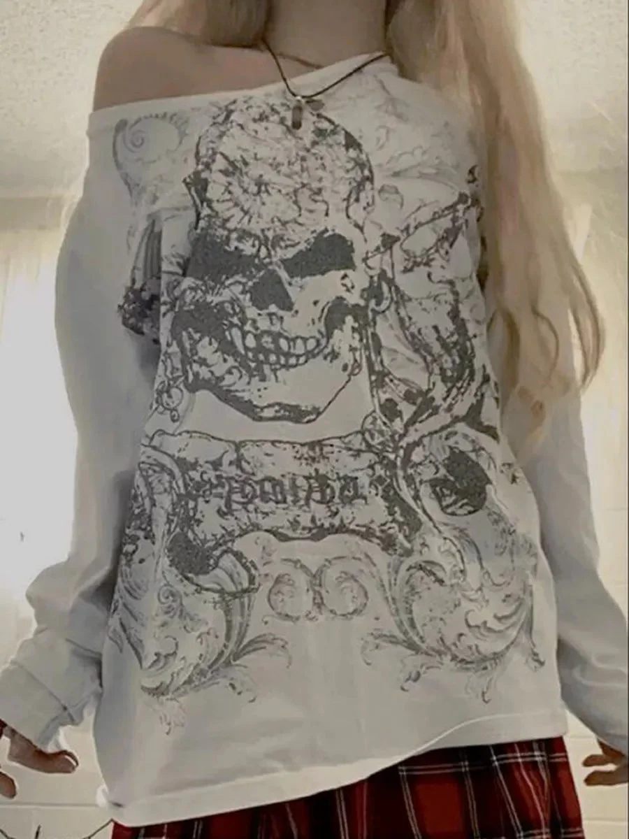 Huiketi Women Y2K Grunge Fairy Tops Fashion Halloween Long Sleeve Off Shoulder Skull Print Casual Street Party Fall T-Shirt