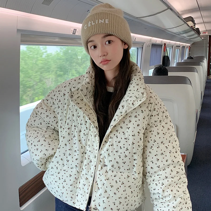 Woherb Female Winter 2024 New Korean College Wind And Thick Long Sleeve Cotton-Padded Coat Flower Cotton-Padded Jacket-Outfit Ideas