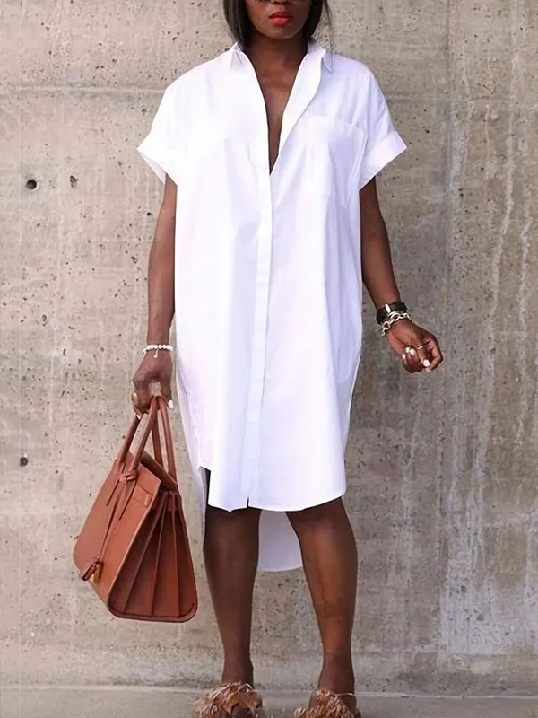 Minimalist White High-Low Short Sleeves Midi Dress