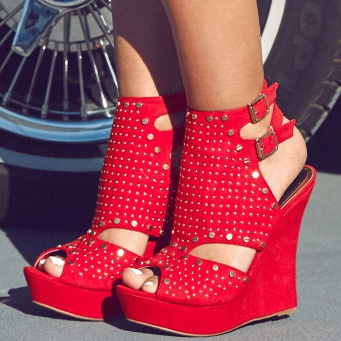 Red Wedge Sandals Peep Toe Vegan Suede Platform Studs Shoes |FSJ Shoes
