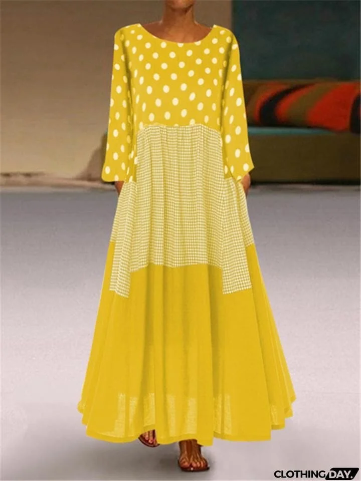 Vintage Style Scoop Neck Polka Dot Long Sleeve Pleated Maxi Dress