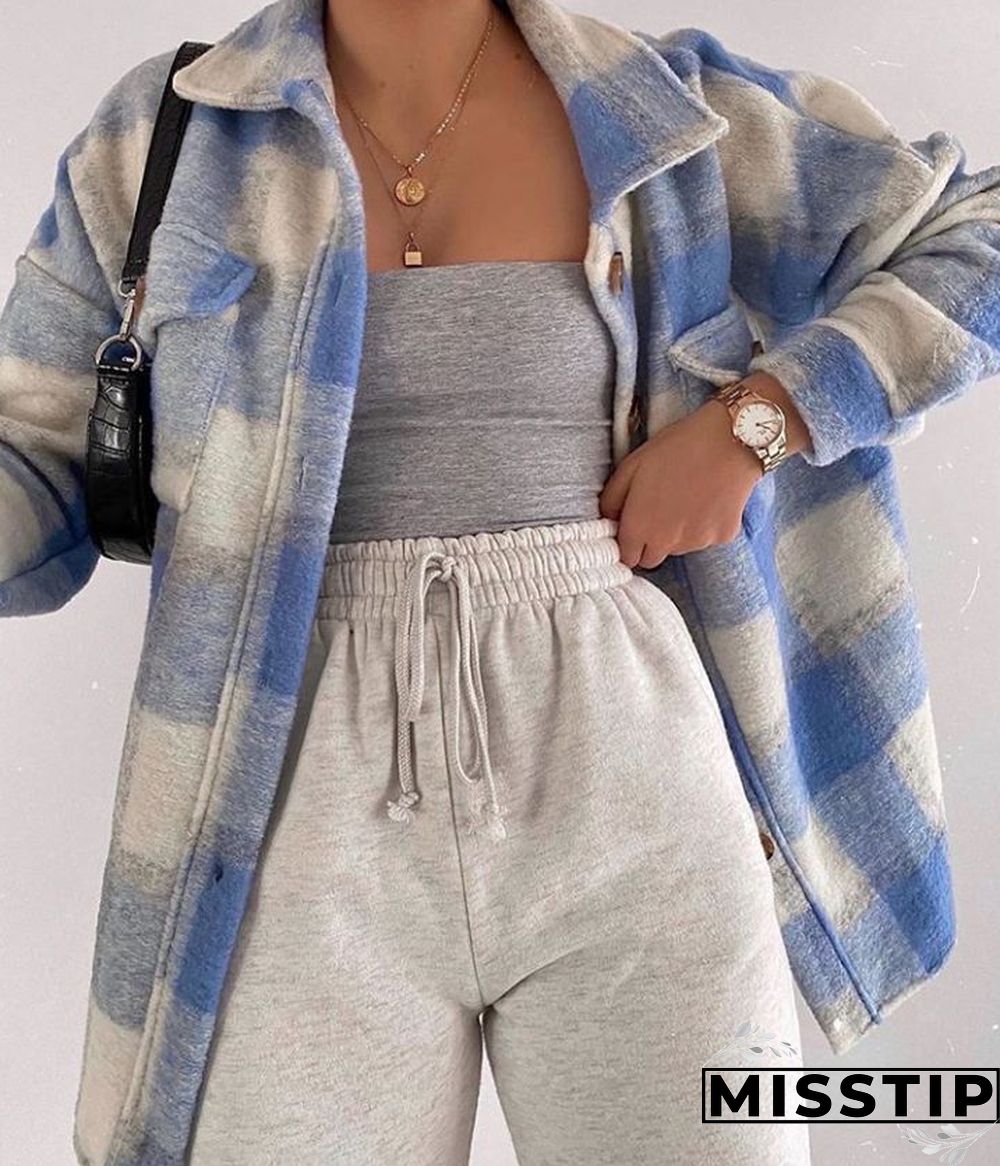 Classic Thick Colorblock Checked Button Down Shirt Jacket Woolen