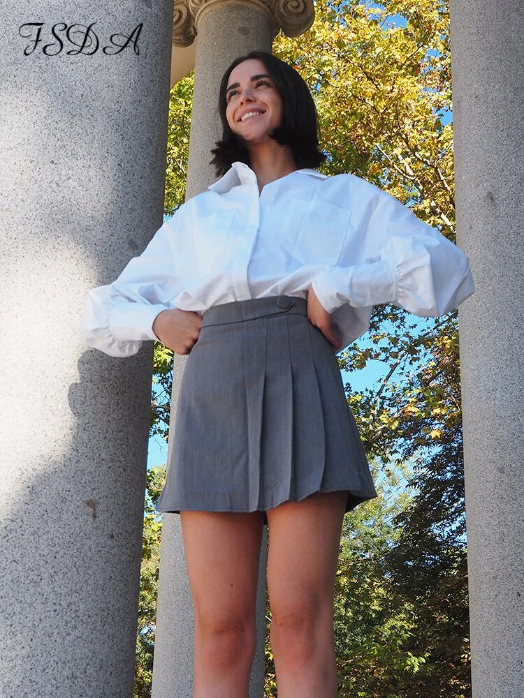 FSDA V Neck 2020 White Blouse Shirts Long Puff Sleeve Loose Black Office Autumn Sexy Elegant Vintage Oversized Shirts Top Ladies