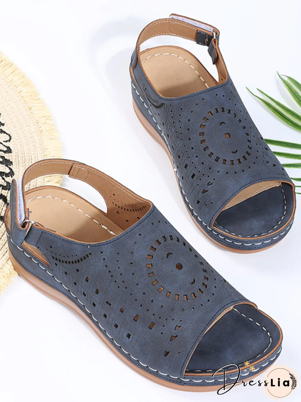 Ethnic Pattern Punched Hollow Velcro Vintage Sandals