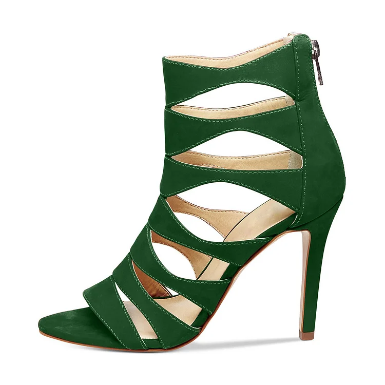 Green Hollow Out Open Toe Suede Stiletto Heel Sandals Vdcoo