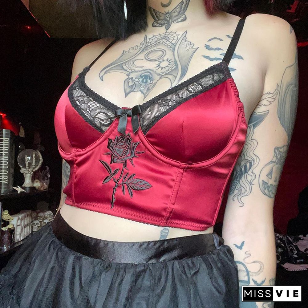 Goth Cross Print Lace Bodycon Crop Tops Camis Sexy Y2K Aesthetic Black Red Basic Corset Tank Top Summer Clothes For Women Girls