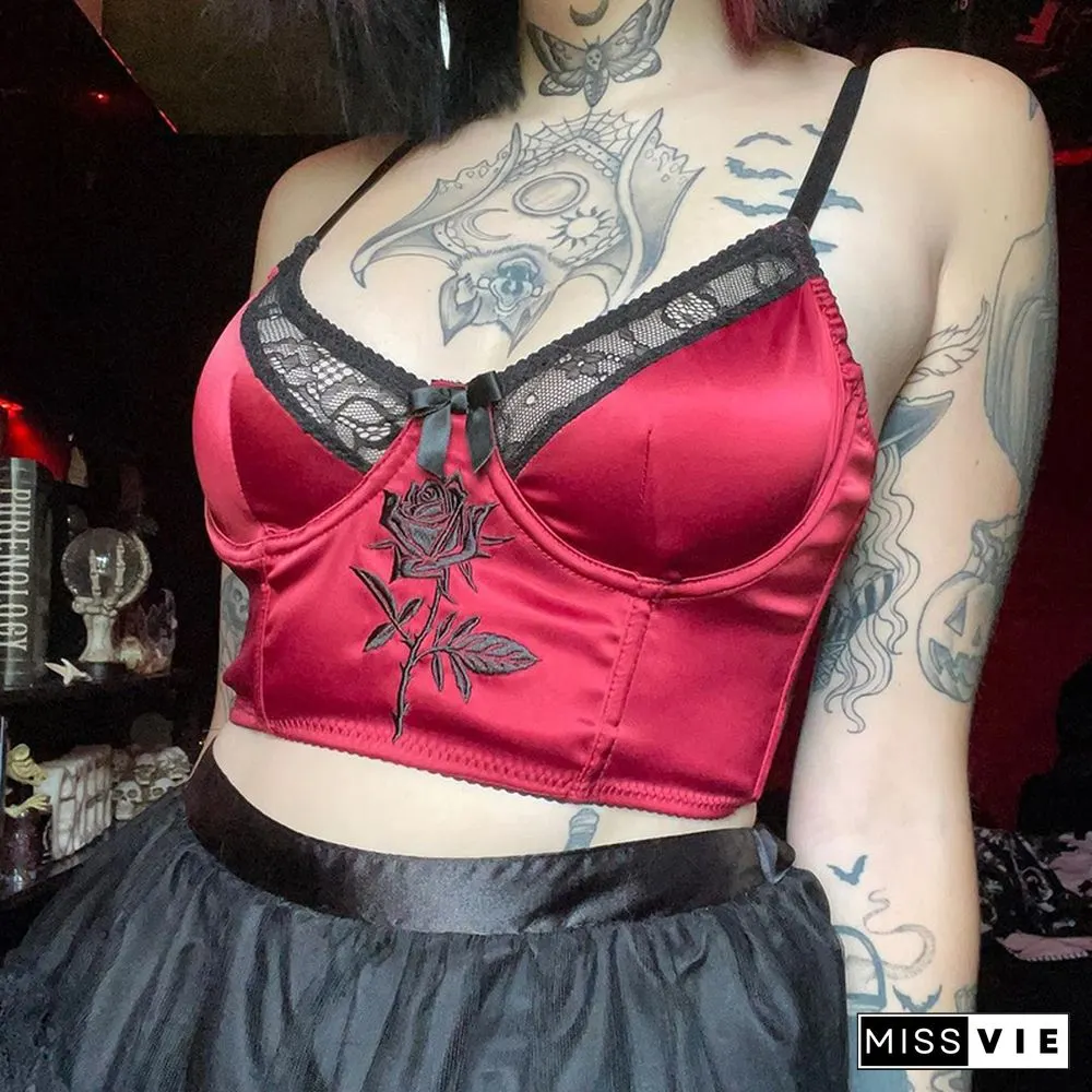 Goth Cross Print Lace Bodycon Crop Tops Camis Sexy Y2K Aesthetic Black Red Basic Corset Tank Top Summer Clothes For Women Girls