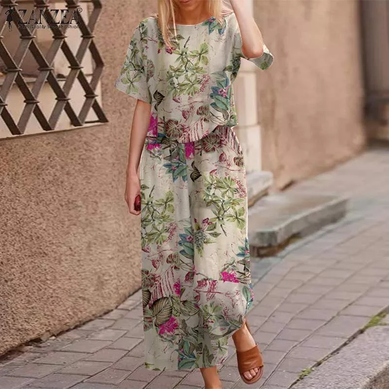 Summer Short Sleeve Blouse Suits ZANZEA 2PCS Women Vintage Floral Printed Urban Tracksuit Casual Loose Pants Sets Matching Sets