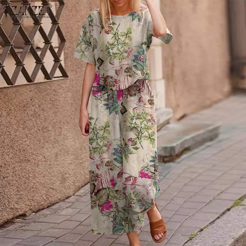 Summer Short Sleeve Blouse Suits ZANZEA 2PCS Women Vintage Floral Printed Urban Tracksuit Casual Loose Pants Sets Matching Sets