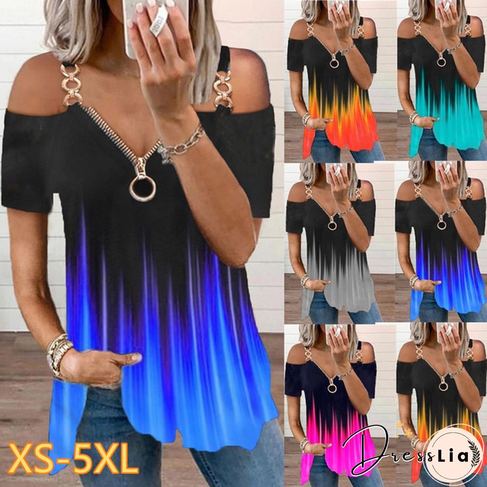 Summer New Fashion Women's Flame Printed Short Sleeve Strapless Metal Halter Top Casual Zipper V-neck T-shirt Loose Plus Size Soft and Comfortable Top Shirt XS-5XL