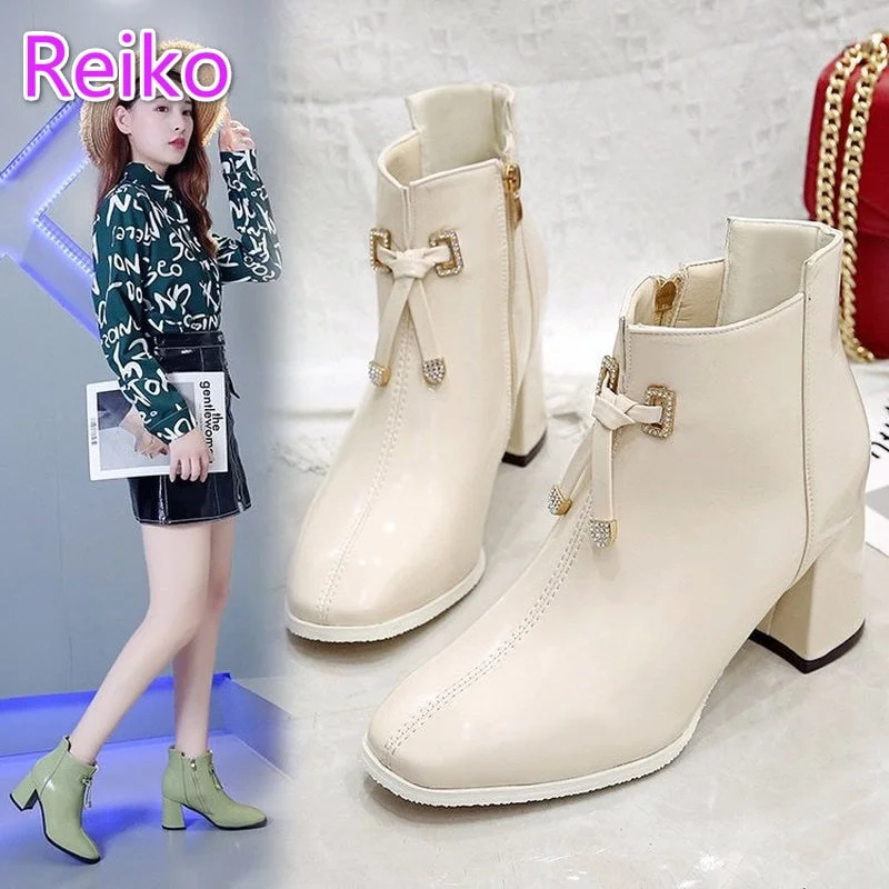 Children's mid-heel side zipper square toe nude boots, new British style thick heel ankle boots, wild high-heeled Martin boots