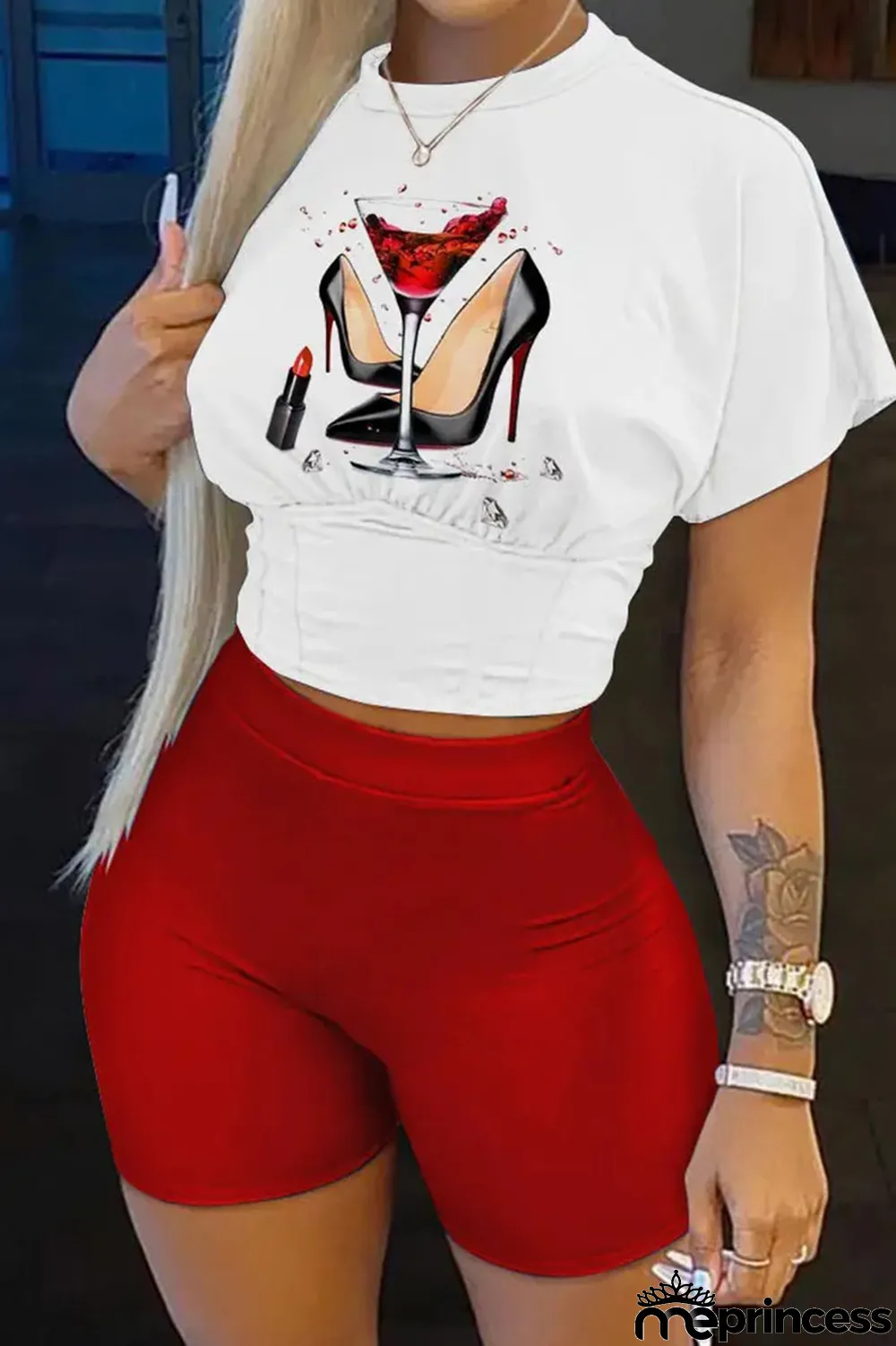 Deep Blue Casual Print Patchwork O Neck Short Sleeve Two Pieces