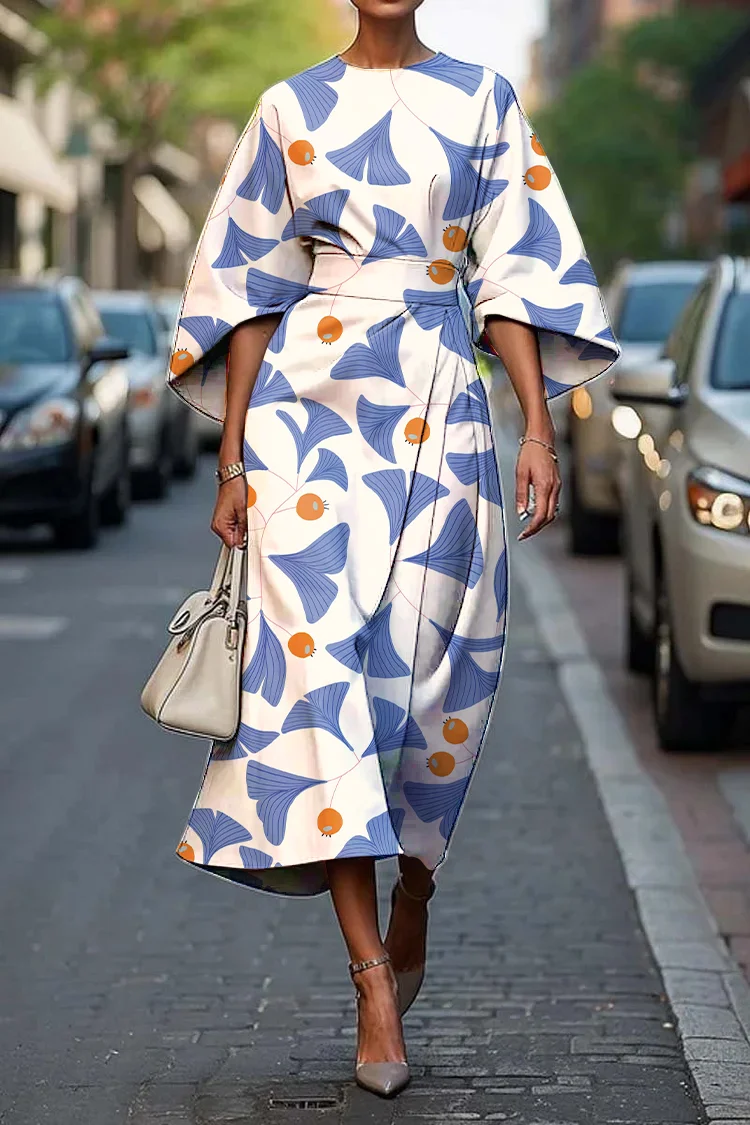 Women's Vintage Elegant Ginkgo Print Midi Dress